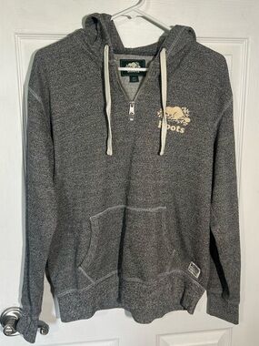 Roots Half-Zip Hoodie in Charcoal Gray with Cream Logo Size Medium Thumbholes